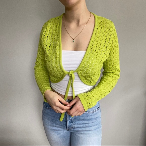 Cropped Lime Green Tie Cardigan - Picture 3 of 5